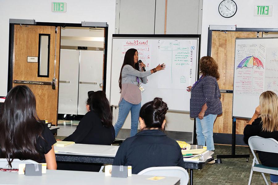 Students in front of a whiteboard in the TeachUp program